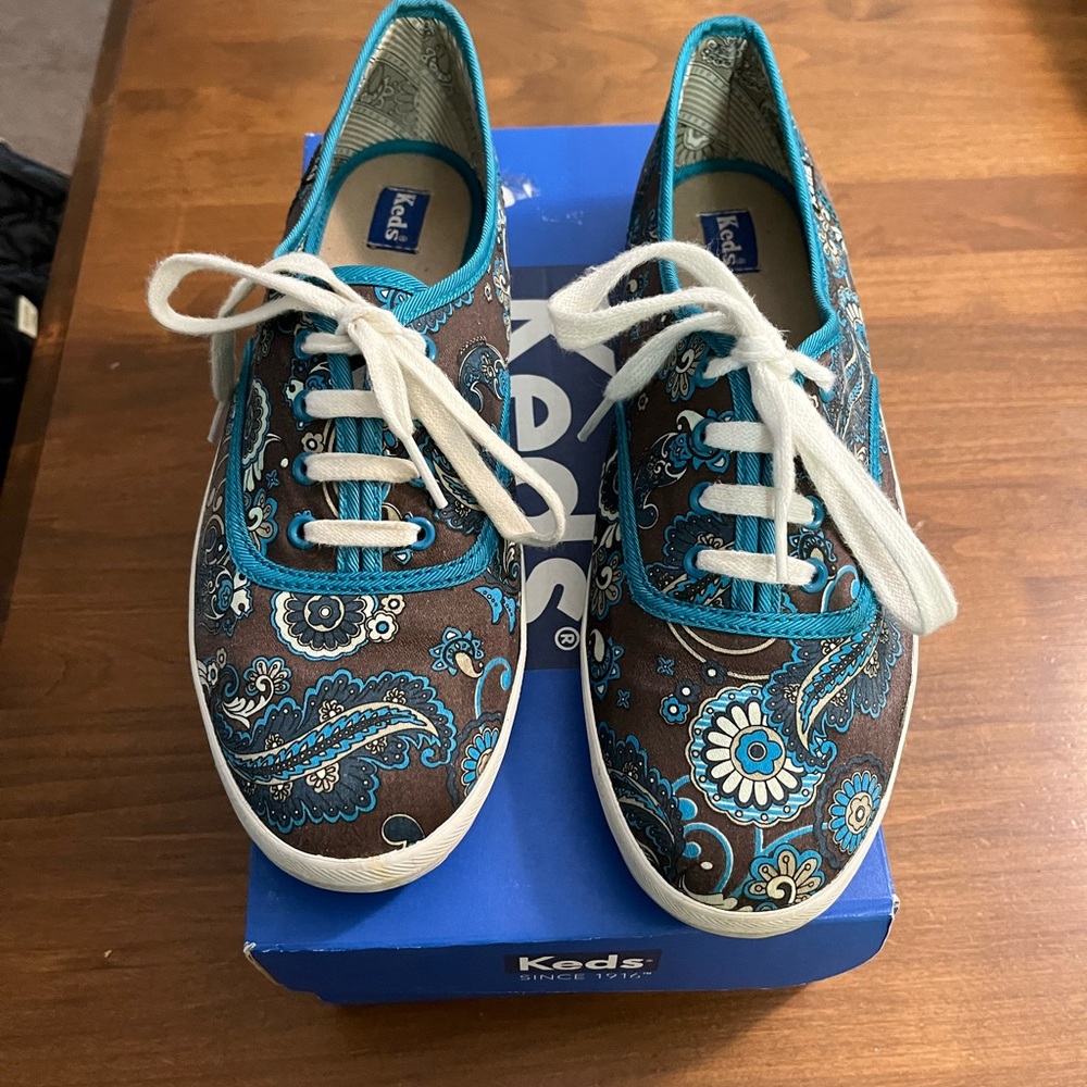 Vintage Keds Women's Adorable Paisley Sneakers - Teal and Brown Size 8
